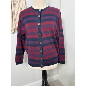 Womens vtg 80s Burgundy Blue Purple Stripe Gold crest Buttons Cardigan Sweater M